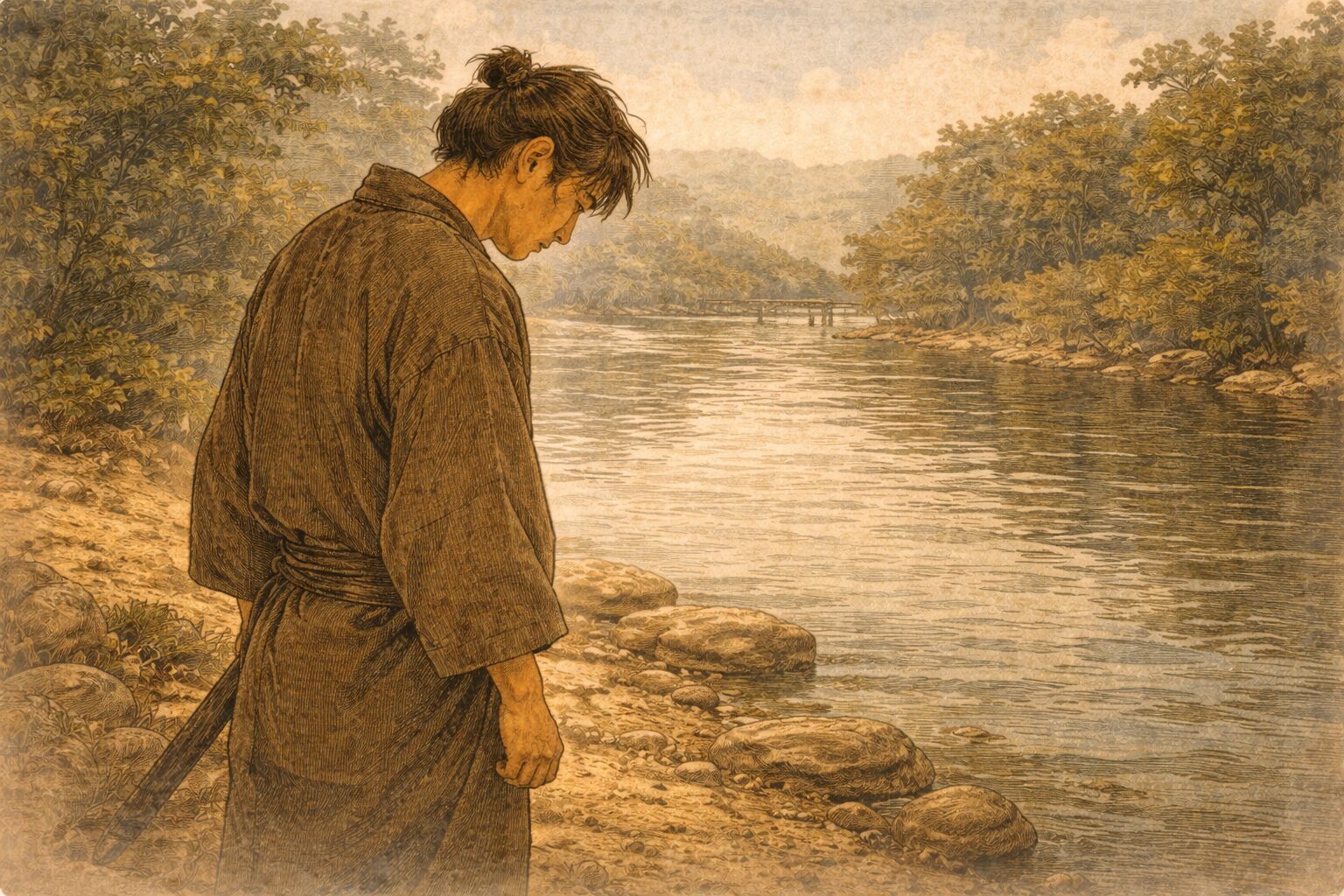 昼の河岸で若い男が川面を見つめ、悲劇の知らせに立ち尽くす一場面