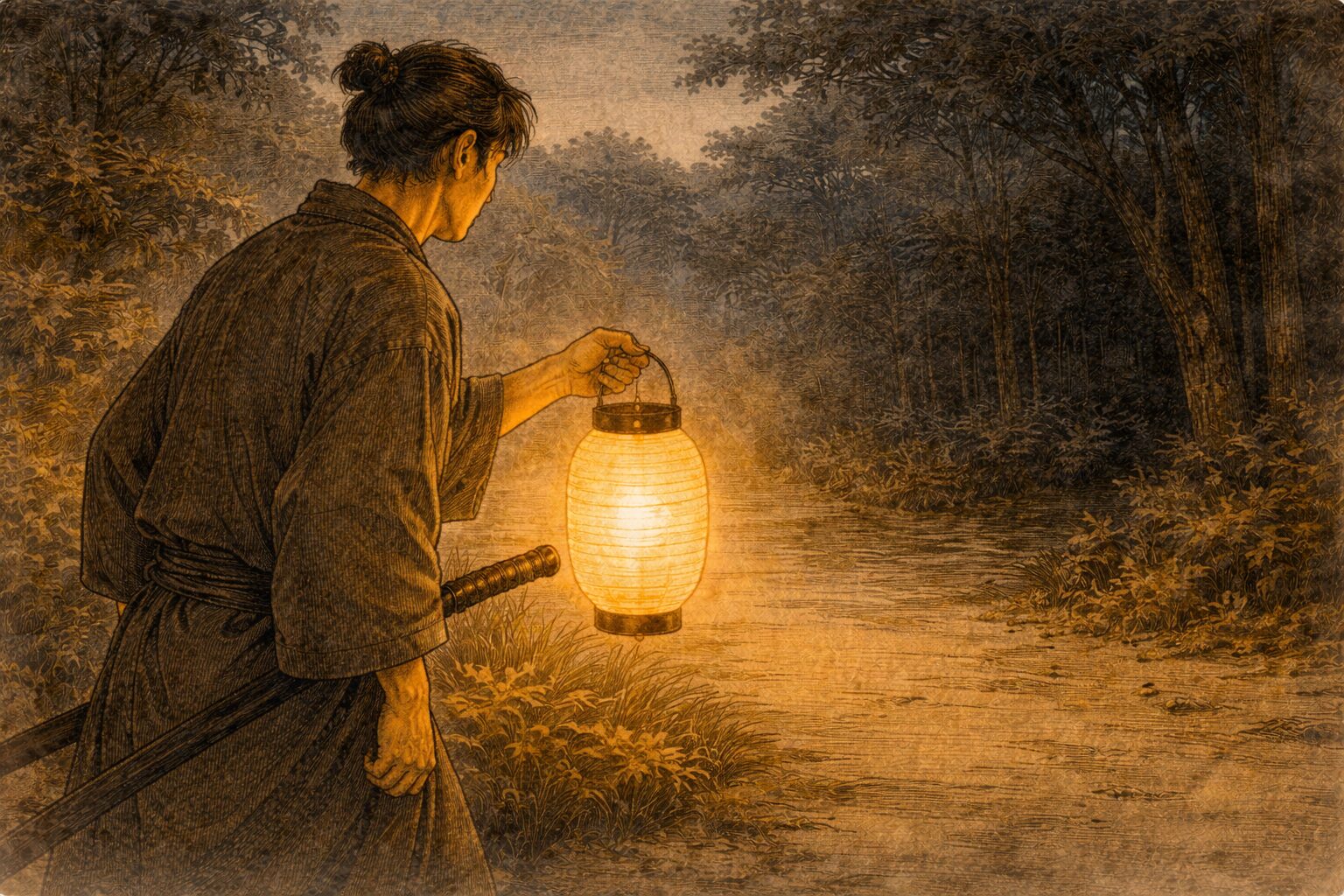 夕方の鈴ヶ森近くで侍が提灯を手に構え、幽霊の気配を探る一場面