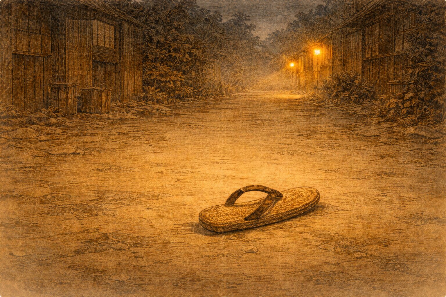 夜の辻に片方だけの草履が残り、怪談が急に軽くなった余韻が漂う一場面