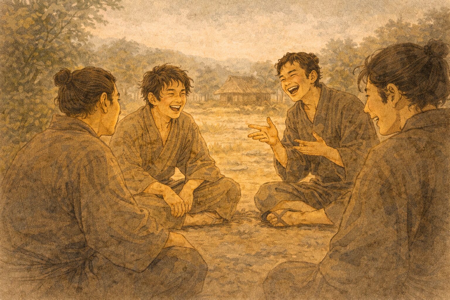 昼の村はずれで若者たちが輪になって座り、お玉の噂で盛り上がる一場面