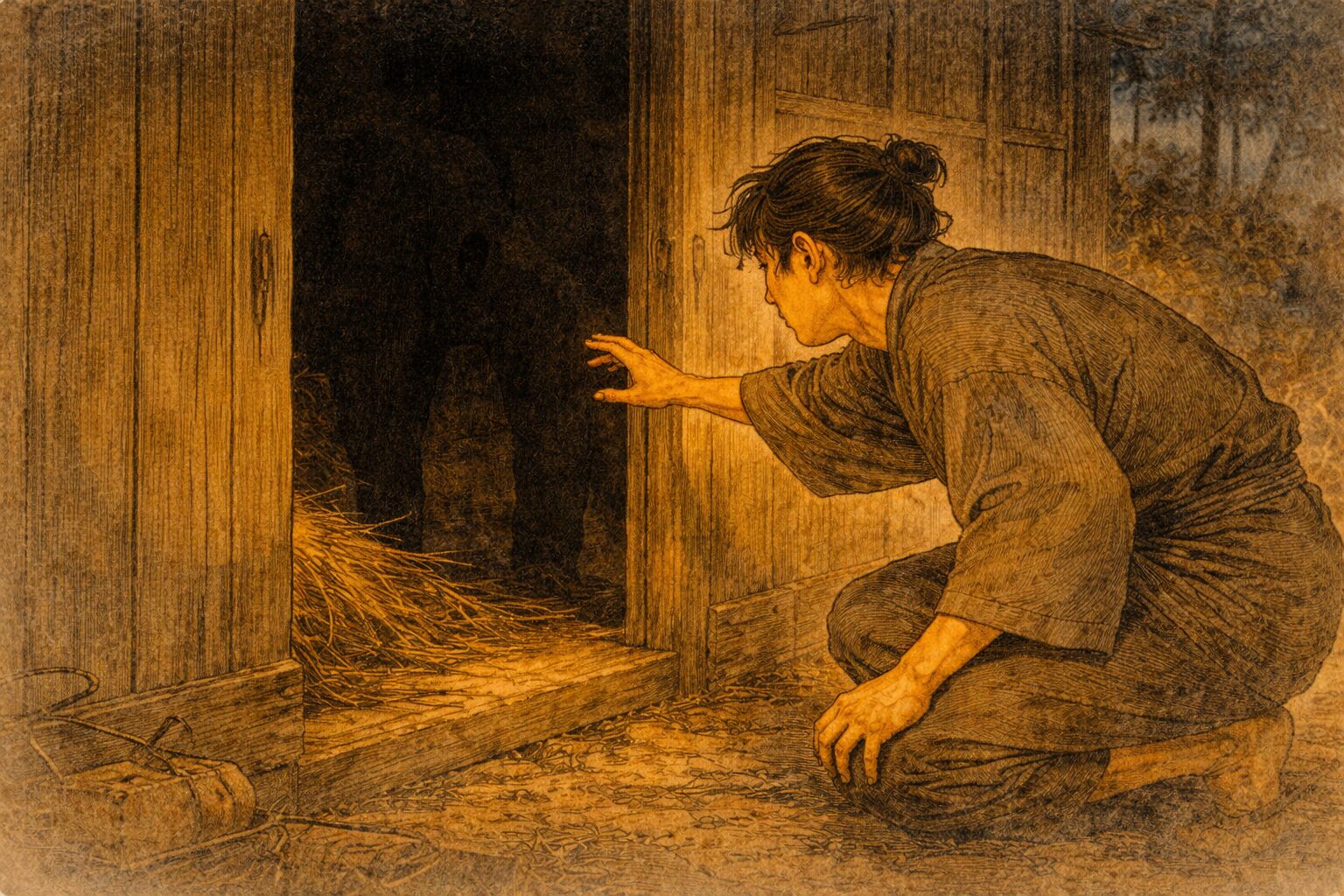 夕方の納屋の前で茂平が身を低くし、暗がりの中の大きな影にそっと手を伸ばす一場面