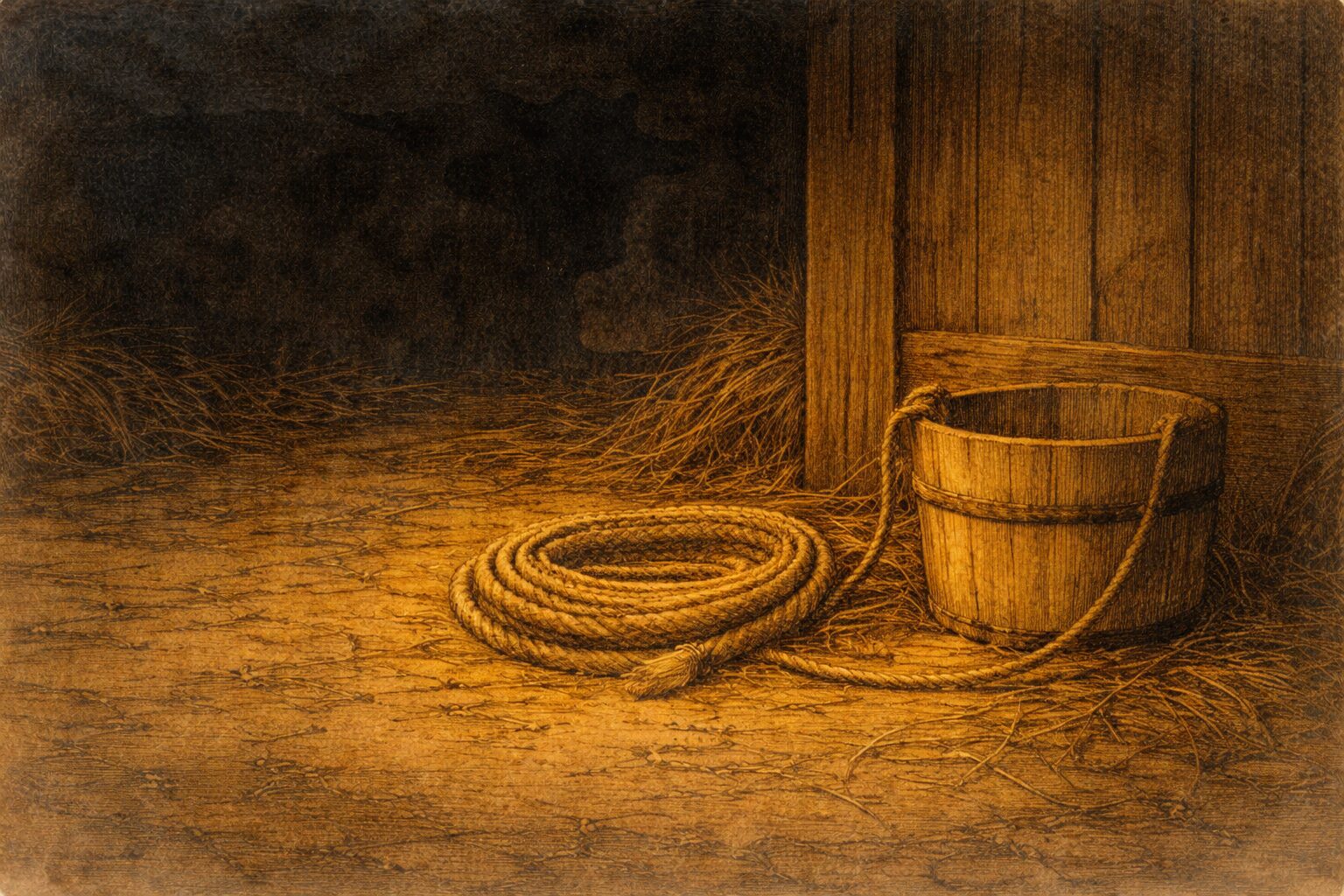 夜の納屋の隅に縄と桶だけが残り、牛の気配だけが余韻として漂う一場面