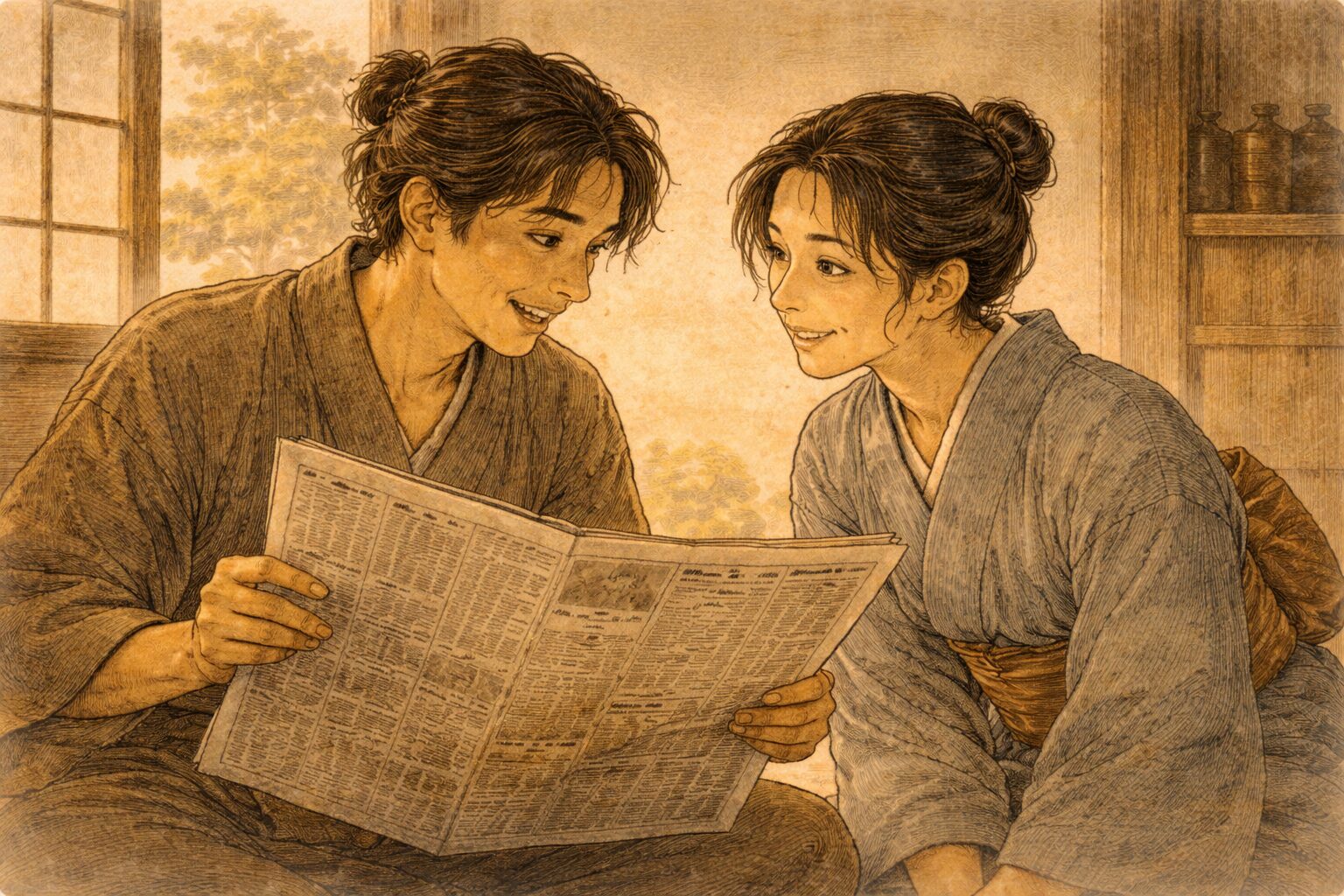 昼の長屋で若い夫婦が新聞の広告をのぞき込み、顔を見合わせる一場面