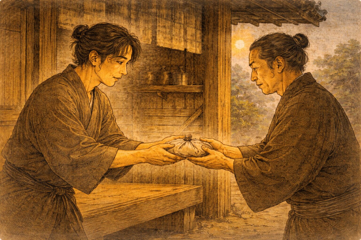 夕方の周旋屋の店先で孝吉が包みを差し出し、相手が静かに受け止める一場面