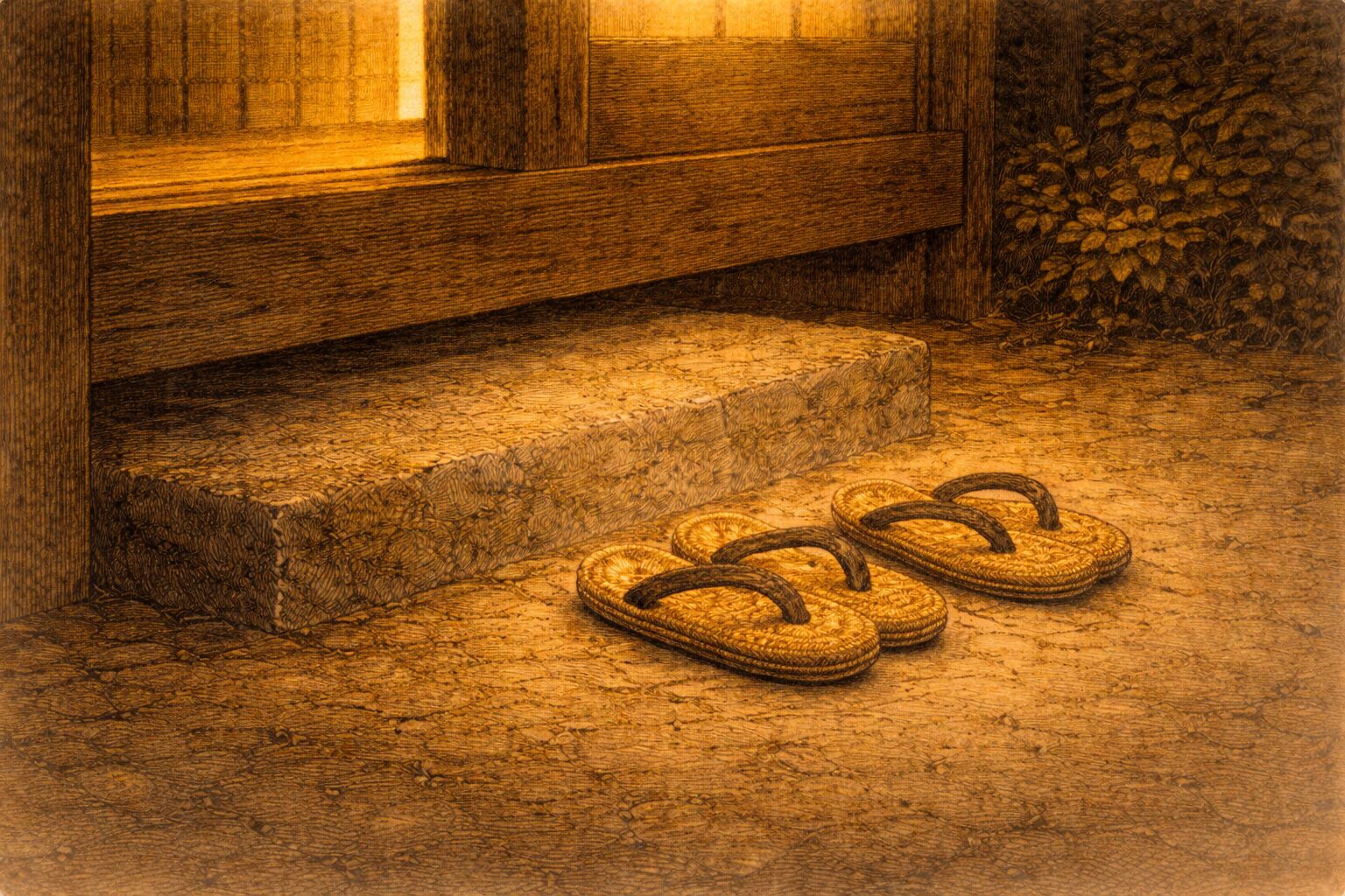 夜の玄関先に小さな草履が二足並び、新しい縁の余韻が残る一場面