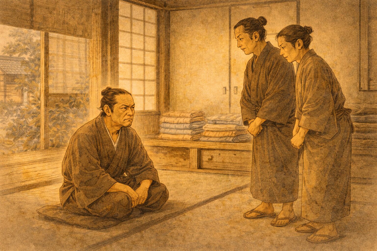 昼の呉服屋の座敷で主人がしかめ面をし、番頭と丁稚が言葉を選びながら立ち尽くす一場面