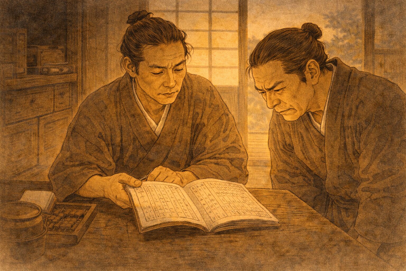 夕方の帳場で番頭が年始帳を広げ、主人が身を乗り出して名前の読みを気にする一場面