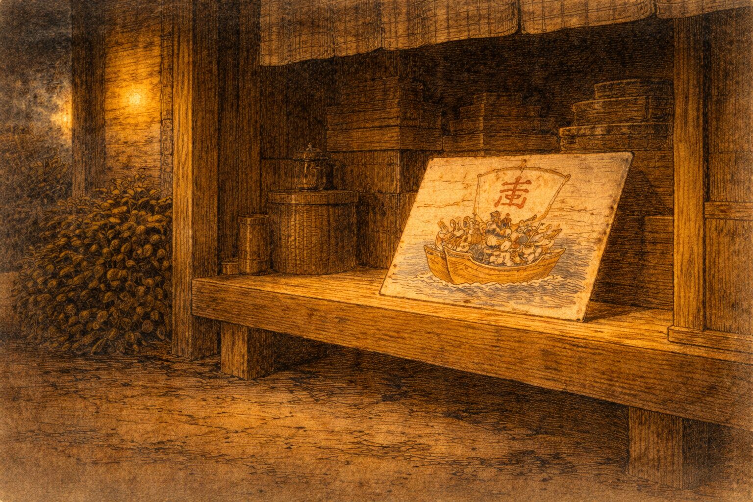 夜の店先に宝船の絵だけが残り、めでたさが少ししぼんだ余韻が漂う一場面