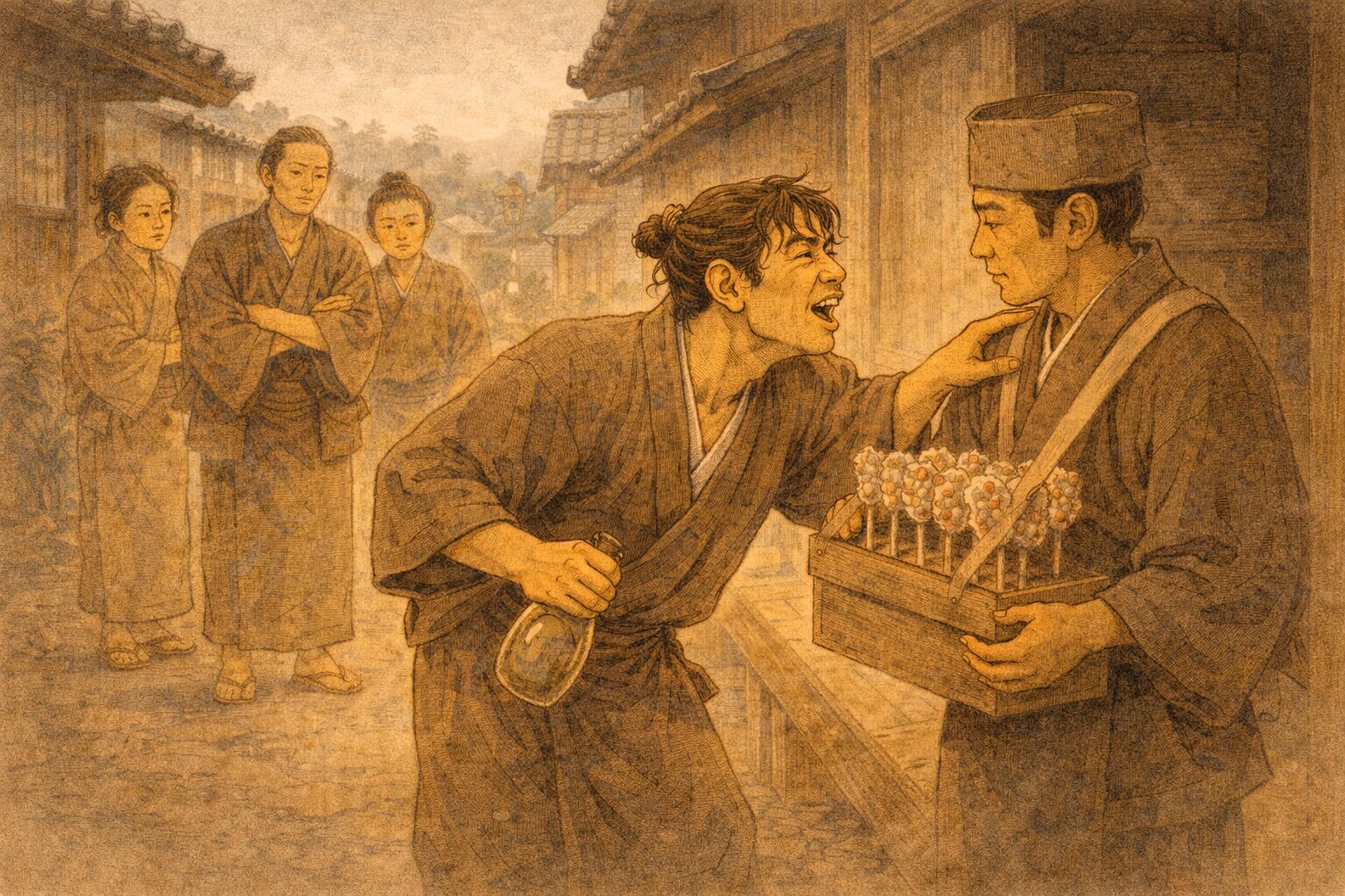 昼の長屋の路地で酔っぱらいが飴売りにからみ、周囲があきれて見守る一場面