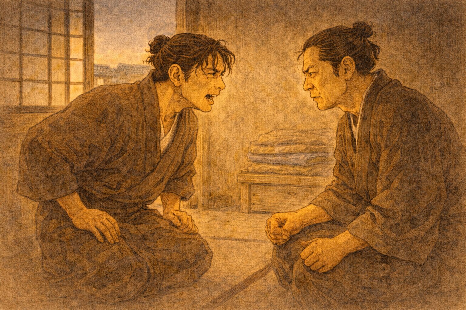 夕方の長屋の部屋で金太が身を乗り出して詰め寄り、兄貴分が怒りをこらえる一場面