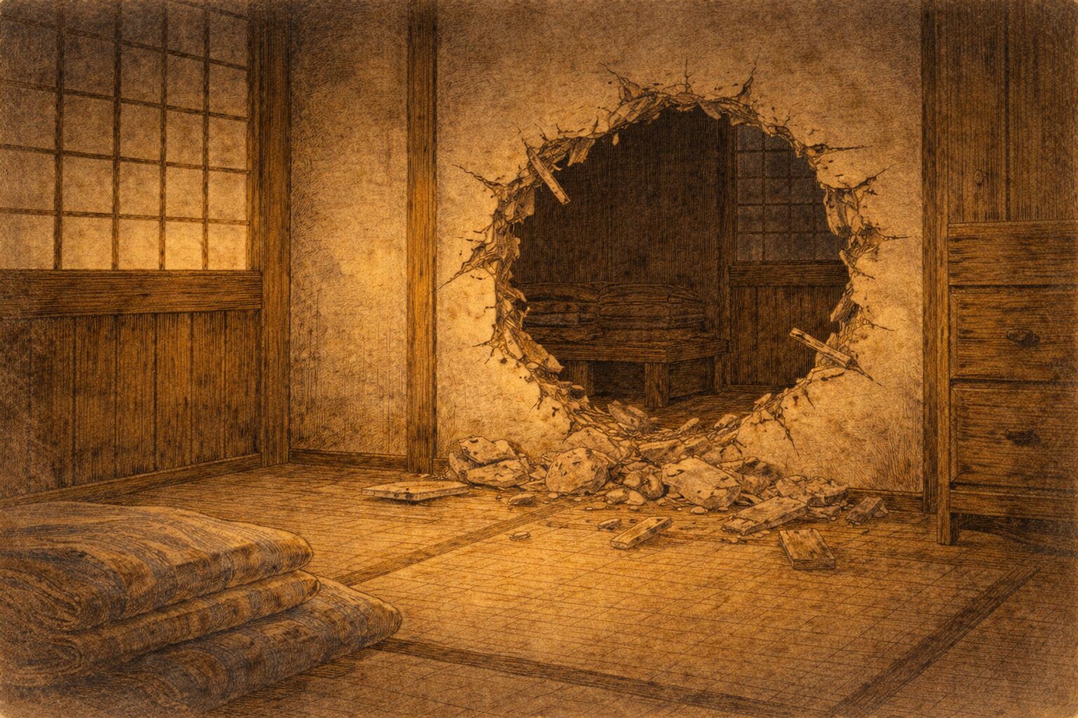 夜の隣家の壁に大きな穴があき、騒ぎのあとの拍子抜けした余韻が漂う一場面