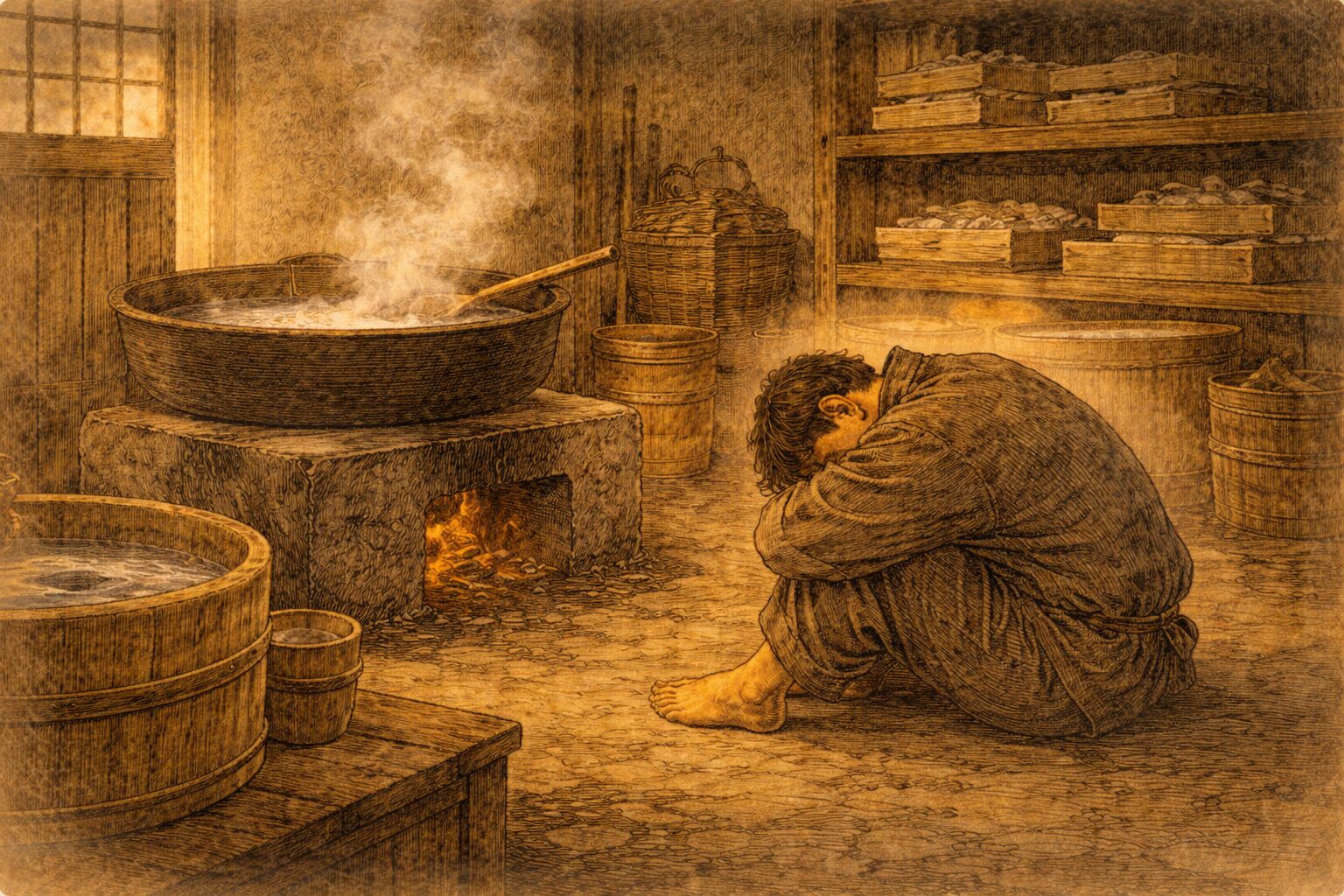 昼の豆腐屋の土間で大釜のそばに人影がうずくまり、不穏な静けさが漂う一場面