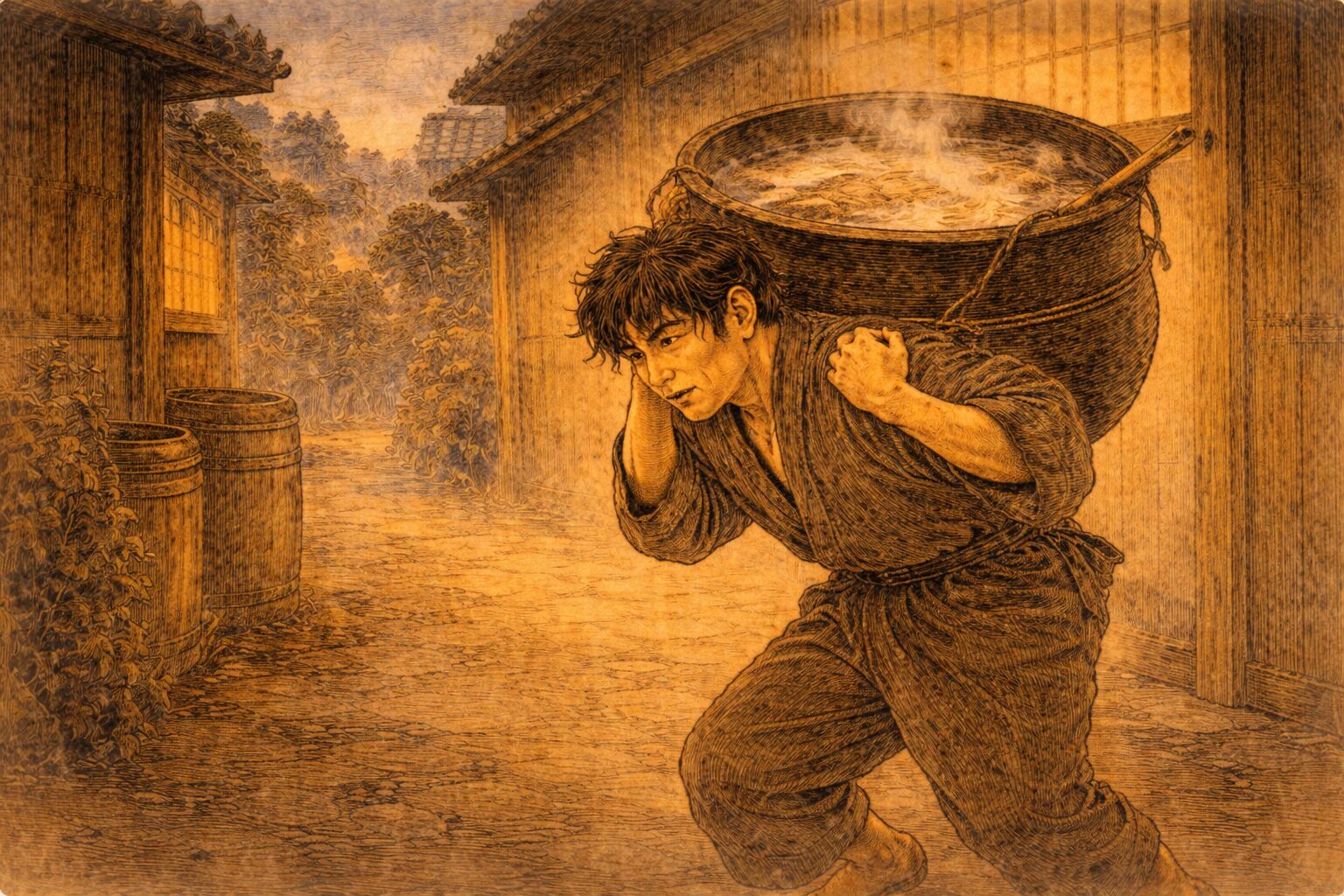 夕方の路地で泥棒が重そうな釜を背負ってよろめき、釜の中から物音がしそうな一場面