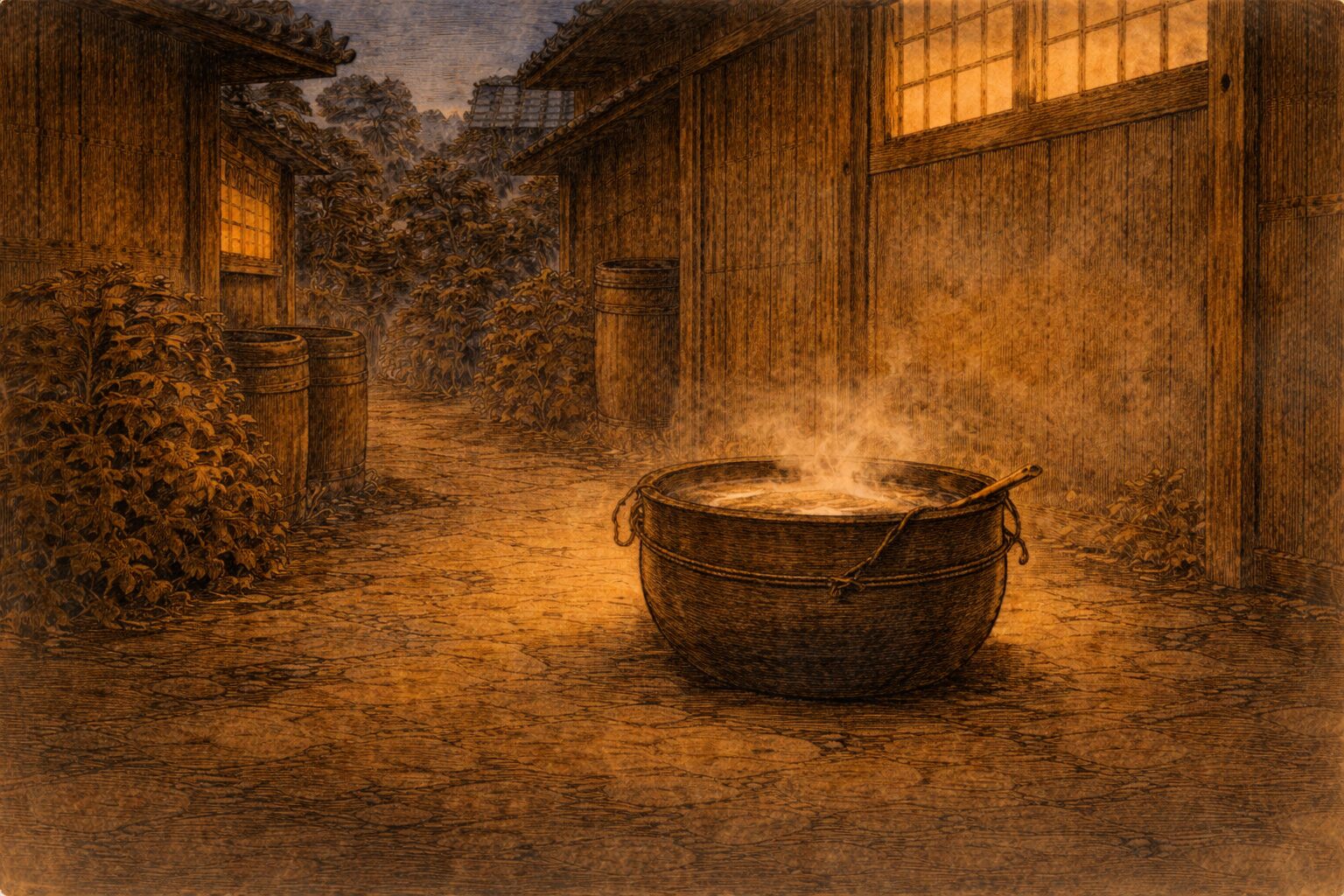 夜の路地裏に釜だけが置かれ、騒ぎのあとらしい拍子抜けの余韻が漂う一場面