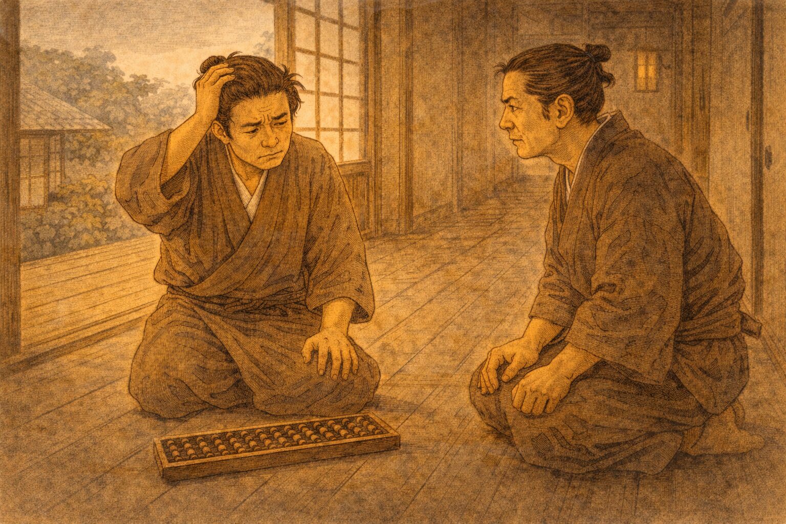 昼の旅籠の廊下で田舎者がそろばんを前に困り顔になり、番頭が不思議そうに見守る一場面