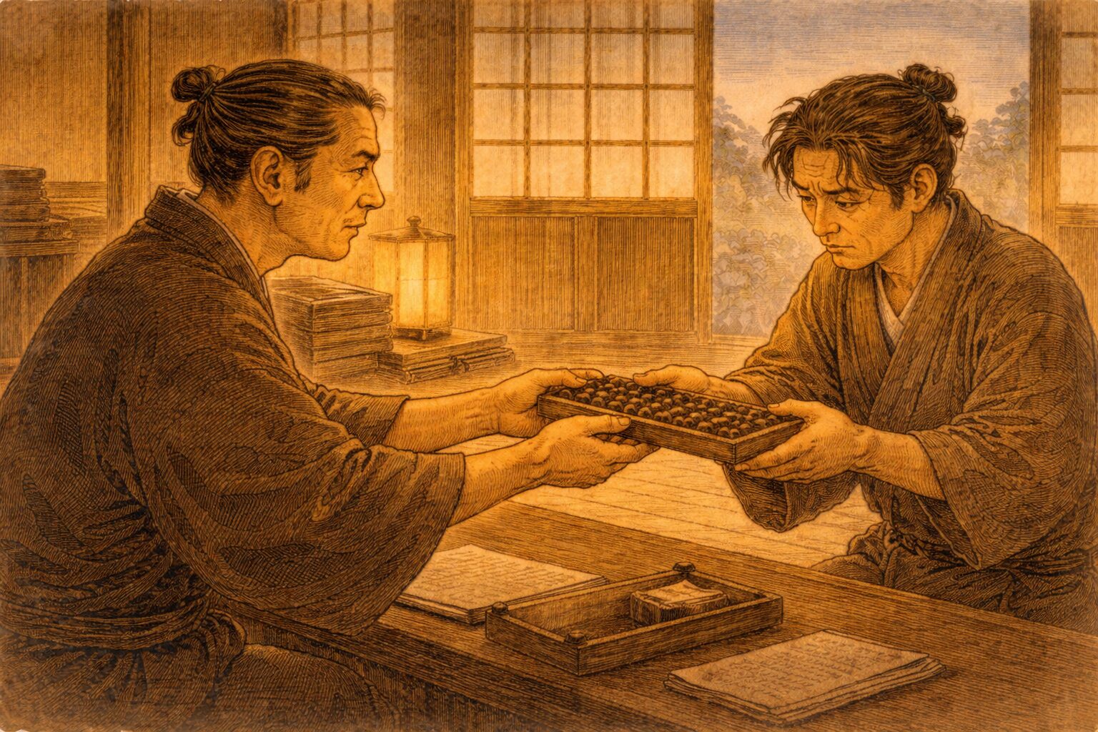 夕方の帳場で番頭がそろばんを差し出し、田舎者が半信半疑で受け取る一場面