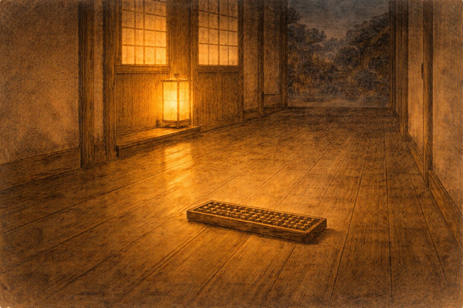 夜の旅籠の廊下にそろばんだけが残り、騒ぎのあとの拍子抜けした余韻が漂う一場面