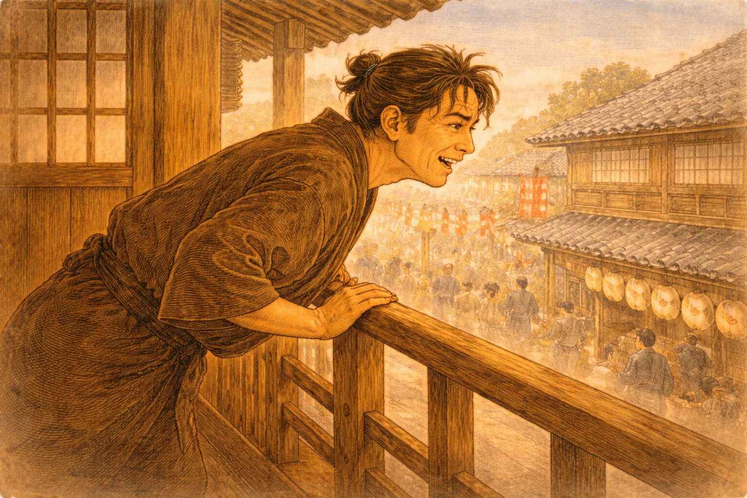 昼の揚屋の二階で祭見物を待ちながら江戸っ子が身を乗り出す一場面