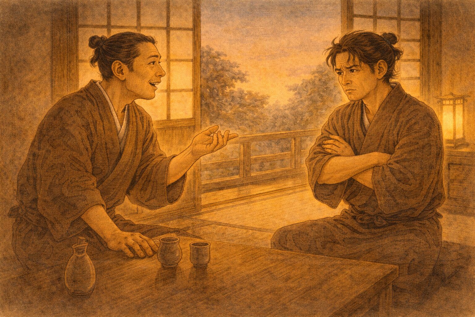 夕方の座敷で京者が得意げに語り江戸っ子が腕を組んで聞き返す一場面