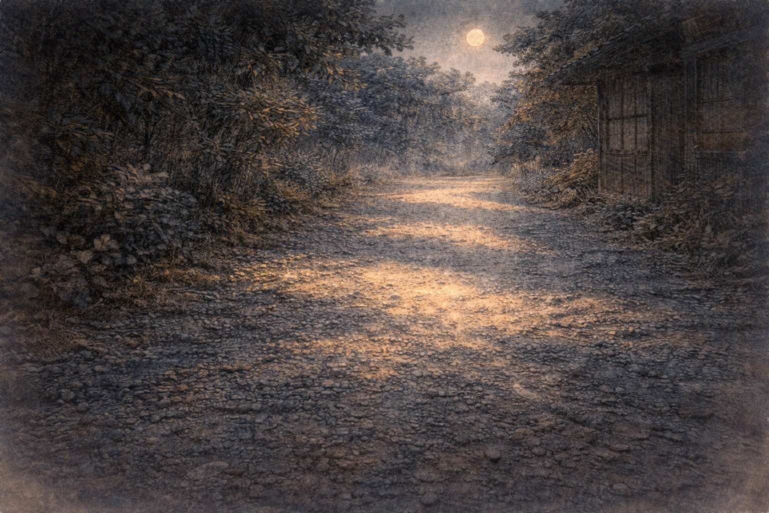 夜の静かな砂利道に月明かりだけが落ちて余韻を残す一場面