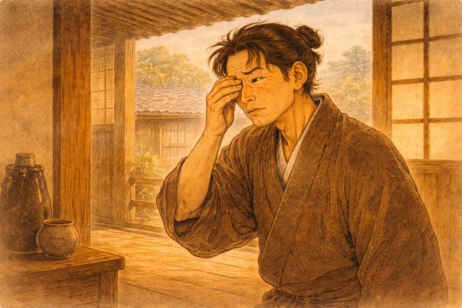 昼の町家で男が顔をそらし片目を気にしながら取り繕う一場面