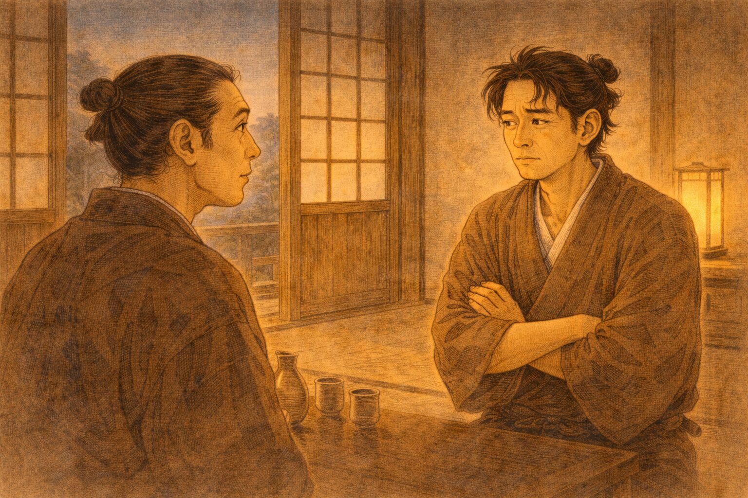 夕方の座敷で相手が不思議そうに見つめ男が平静を装う一場面