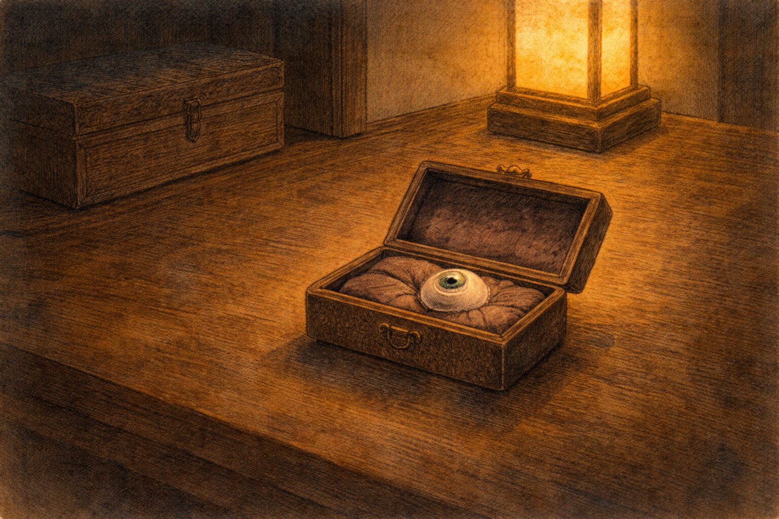 夜の机の上に外された義眼入れだけが残る静かな一場面