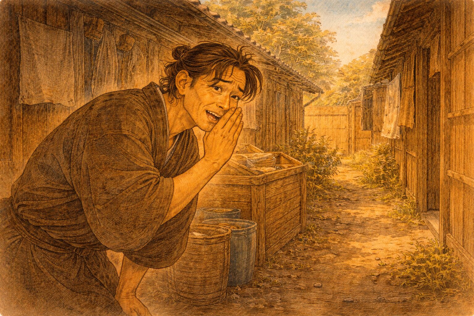 昼の長屋裏で男がこっそり悪戯の相談を持ちかける一場面