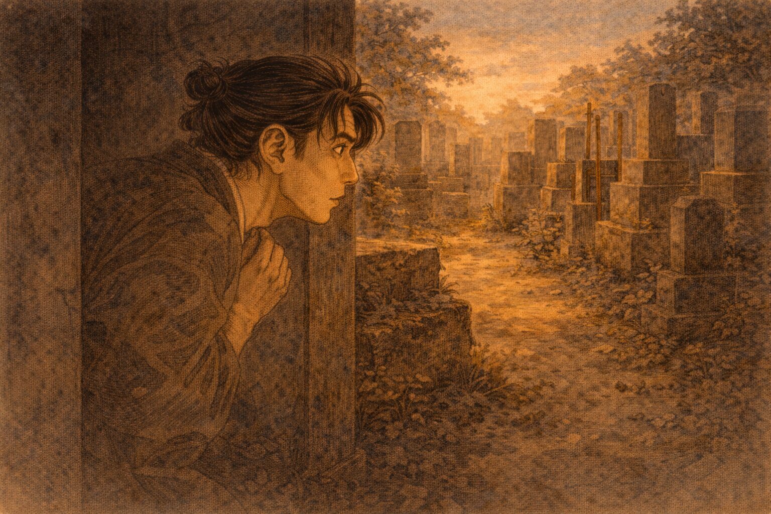 夕方の墓場脇で男が物陰に身を潜め様子をうかがう一場面