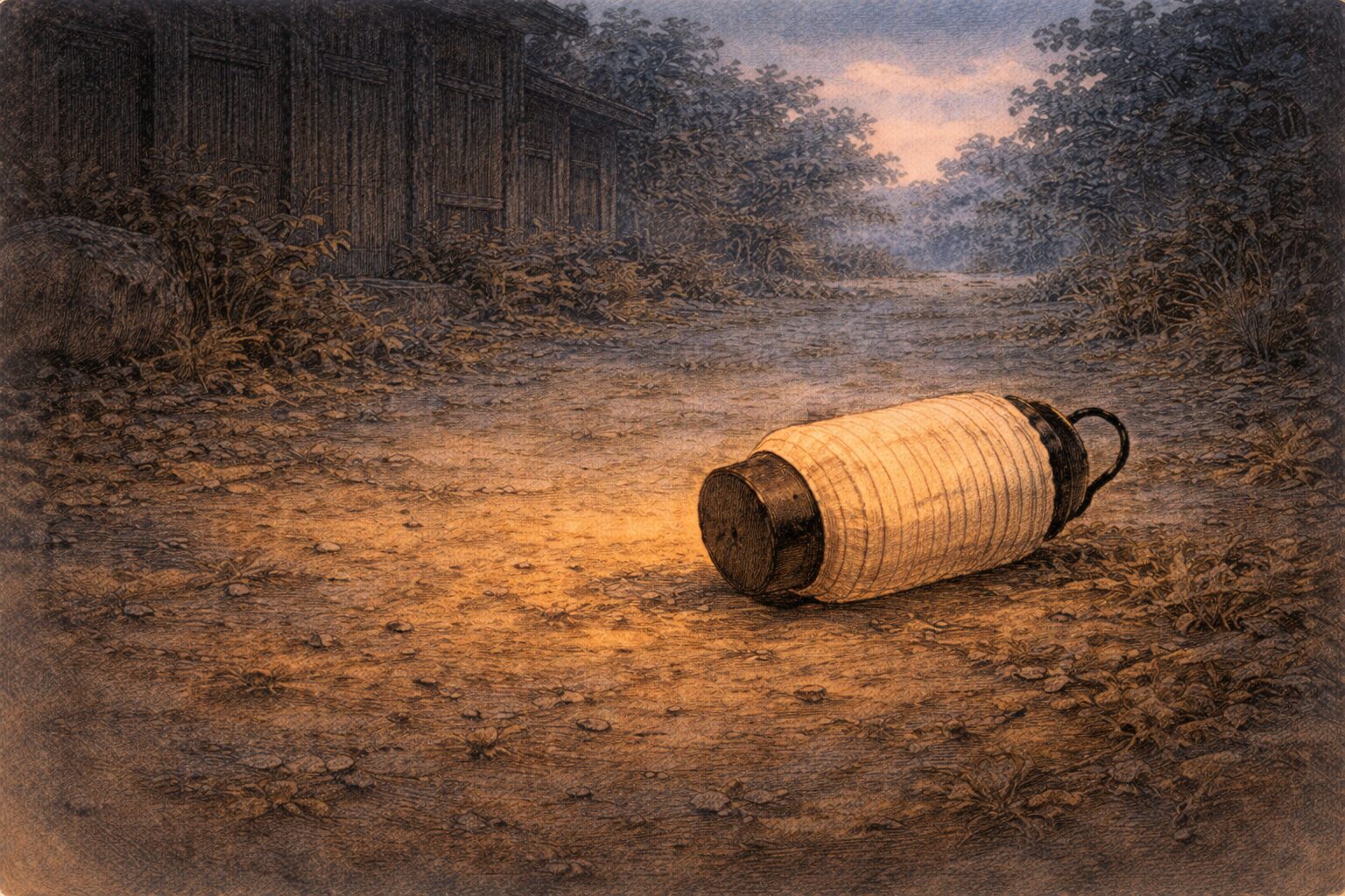 夜明け前の道端に提灯だけが転がり騒ぎの余韻が残る一場面