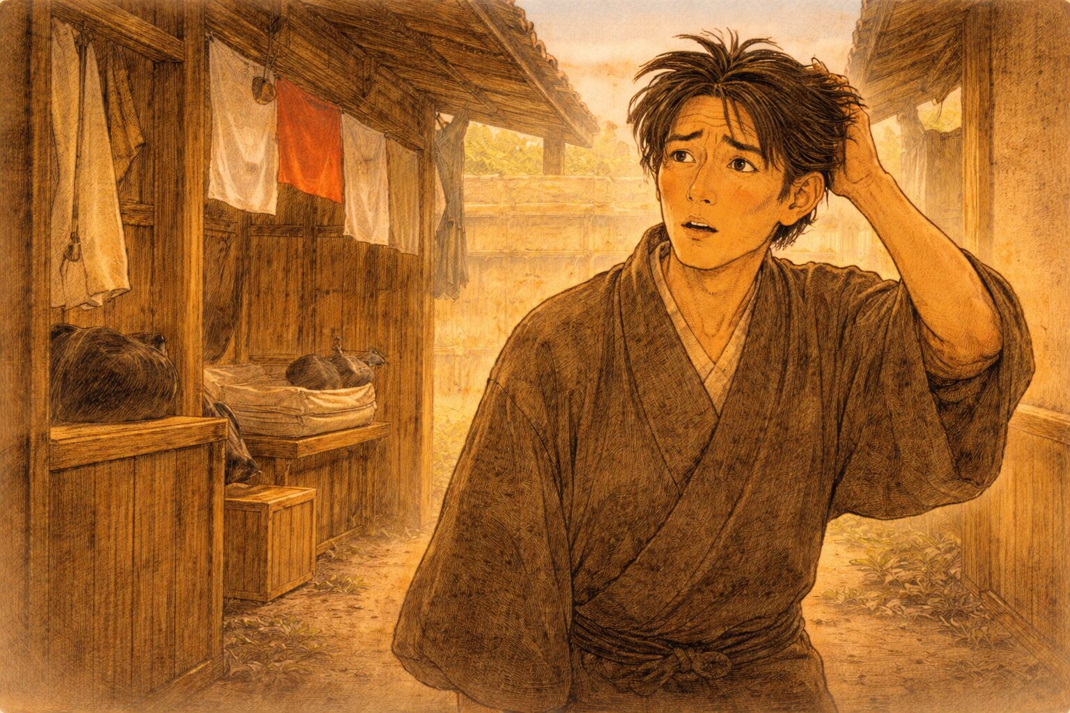 昼の楽屋口で若い役者が鬘の支度がなく立ち尽くす一場面