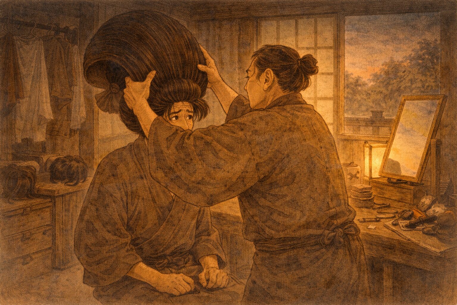 夕方の支度部屋で床山が大きすぎる鬘をかぶせ役者が不安そうに座る一場面