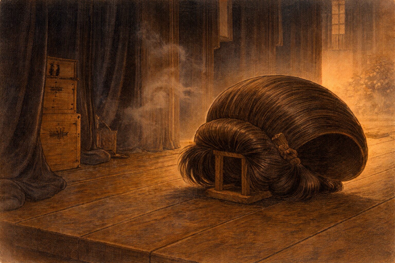 夜の舞台袖に大きな鬘だけが置かれ煙の余韻が残る一場面