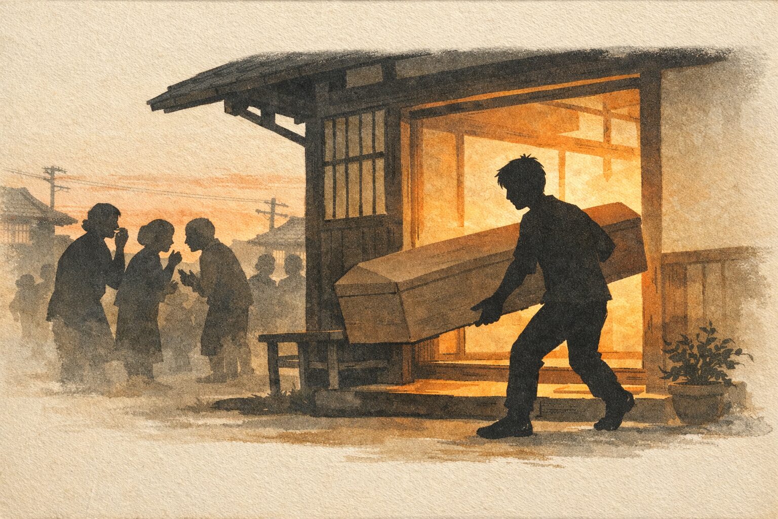 夕方の玄関先で息子が棺桶を運び込み近所がざわつく一場面