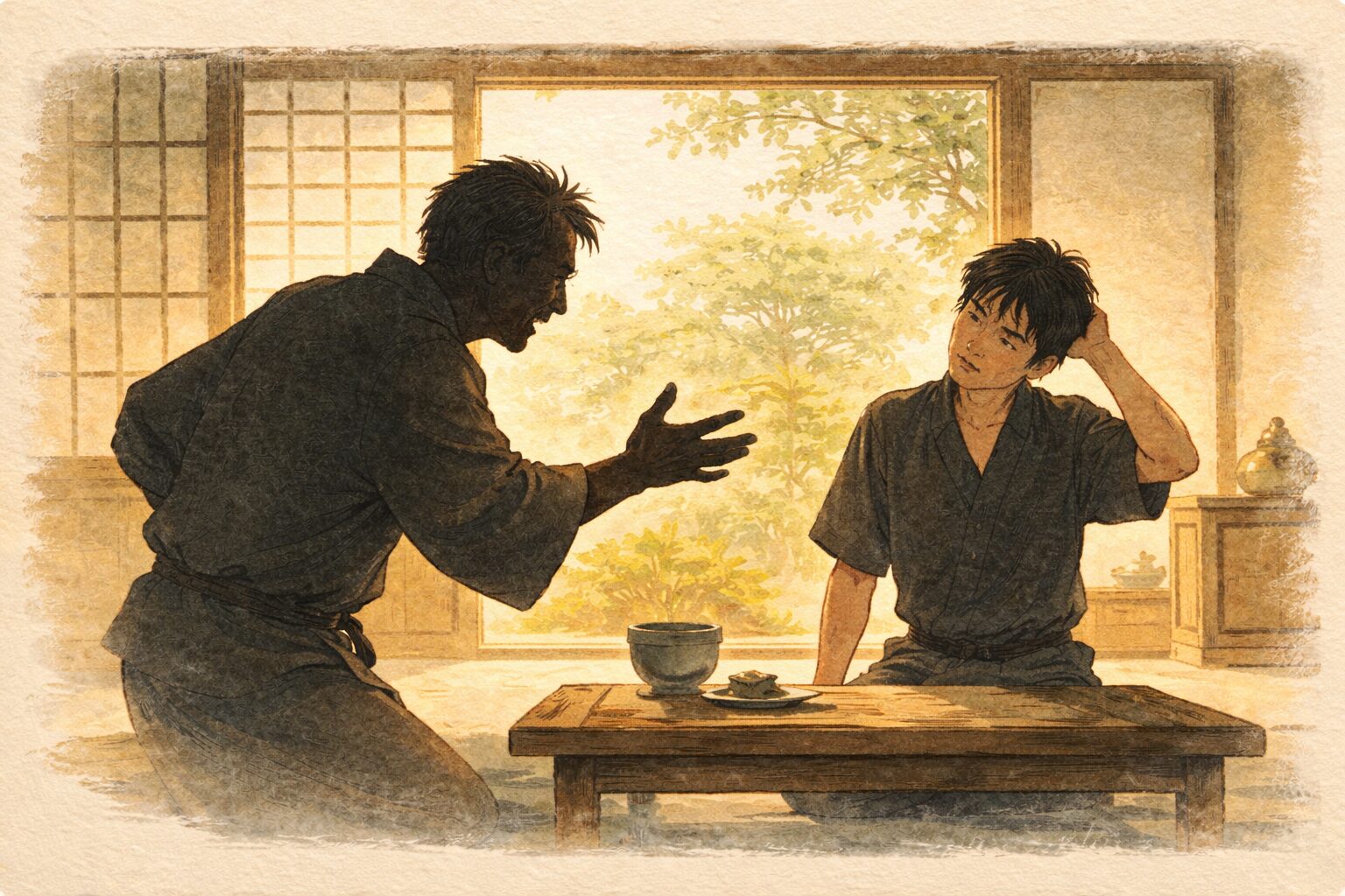 昼の長屋で父親が芝居の無駄足を怒り息子が首をかしげる一場面