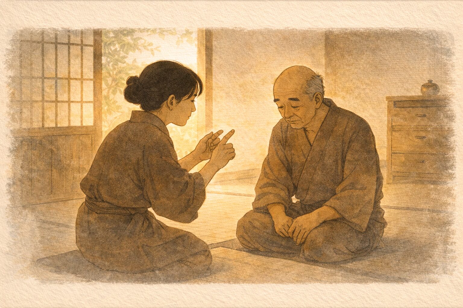 昼の長屋で女房に言い含められ亭主が小さくうなずく一場面