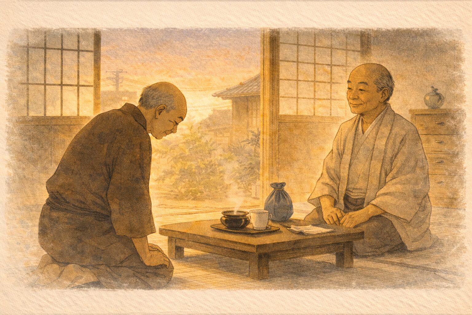 夕方の医者の座敷で亭主がぎこちなく礼を述べ医者が穏やかに聞く一場面