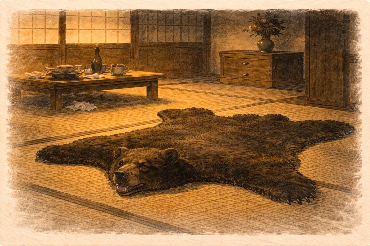 夜の座敷に熊の皮だけが広がり夫婦の余韻を残す一場面