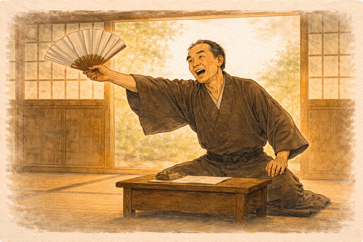 昼の座敷で語り手が扇を手に大きく見得を切る一場面