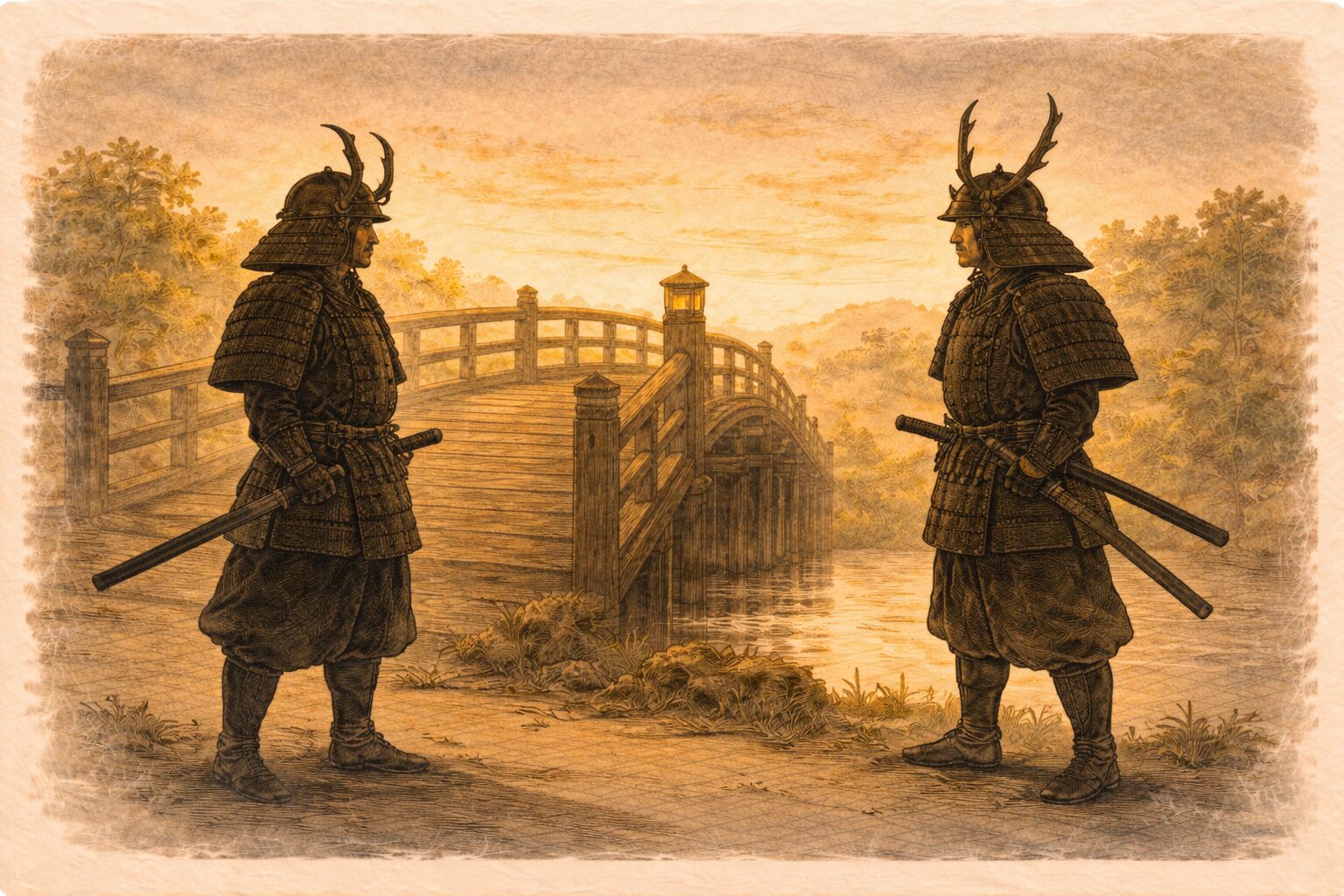 夕方の橋のたもとで武者姿の影が向かい合う一場面