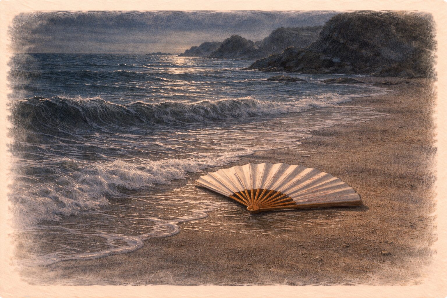 夜の海辺に扇だけが浮かび合戦の余韻を残す一場面