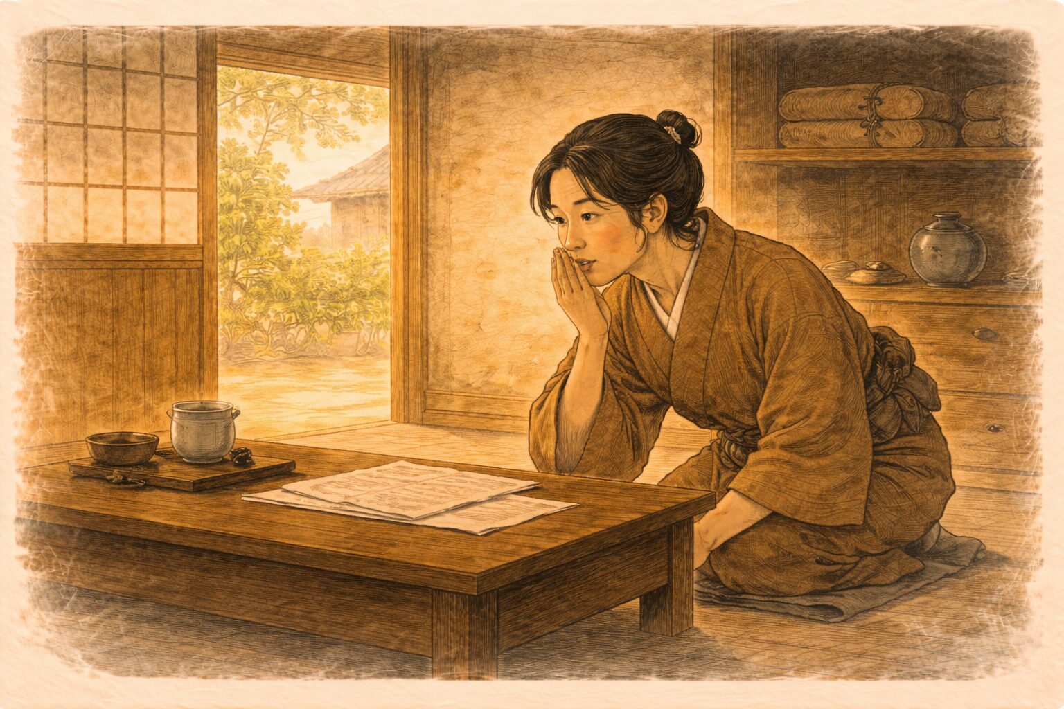 昼の商家の座敷で娘が静かに計略を相談する一場面