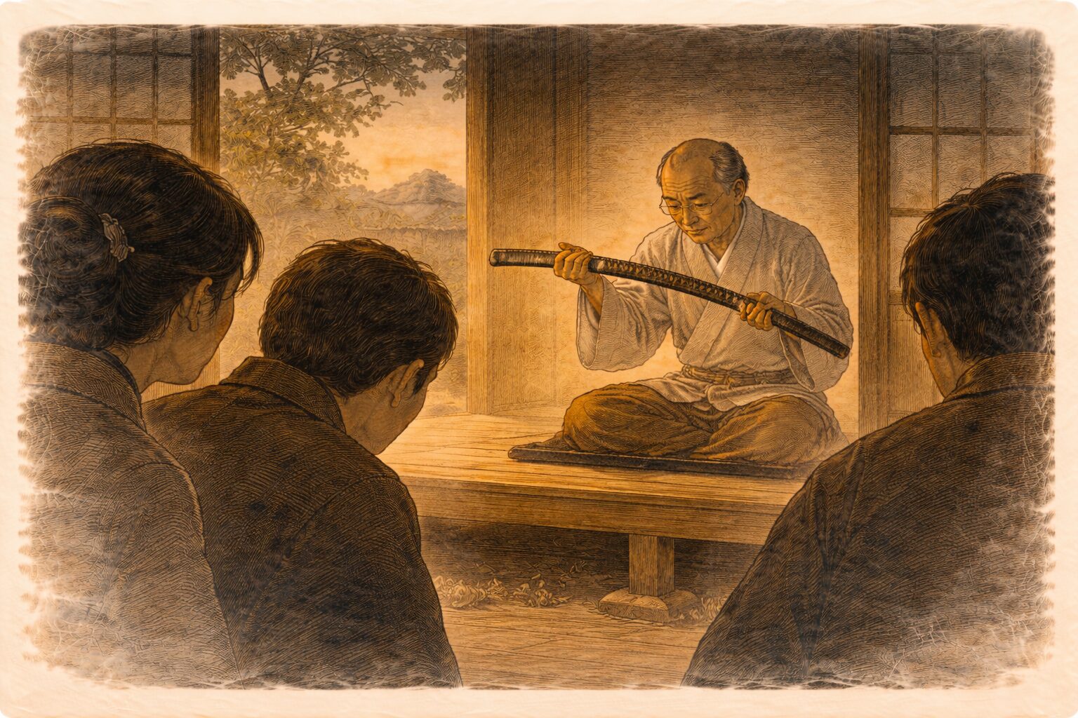 夕方の縁側で医者が刀をのぞき込み周囲が息をひそめる一場面