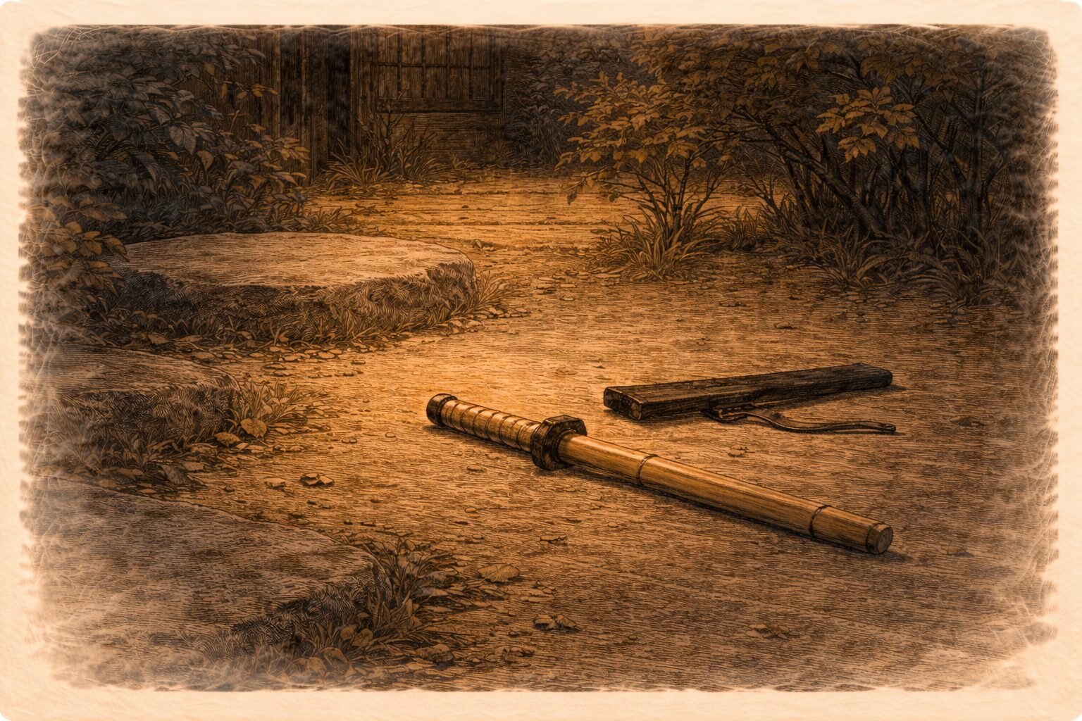 夜の庭先に竹光だけが残り雀の気配が漂う一場面