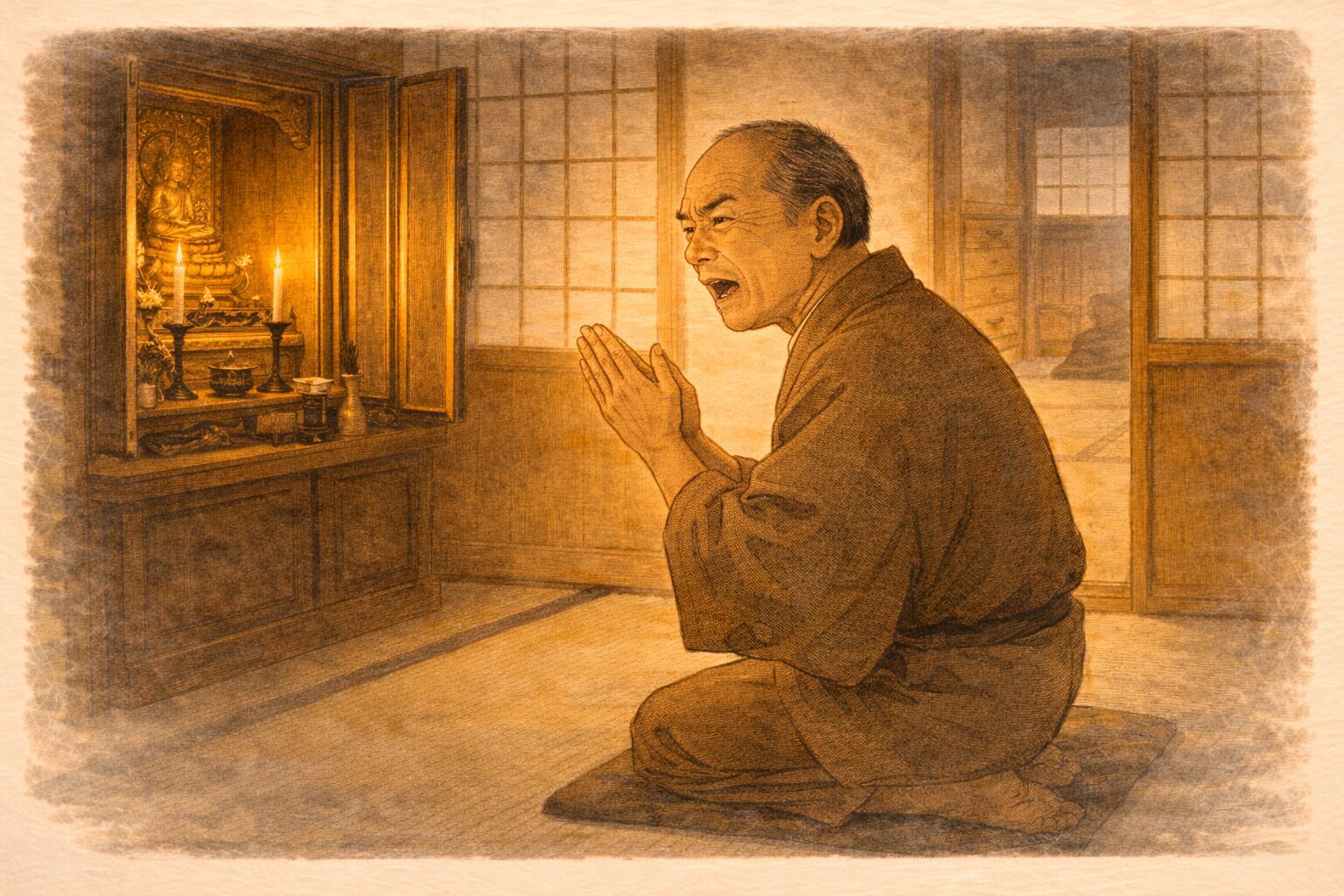 昼の仏壇前で主人が手を合わせながら家の中へ小言を飛ばす一場面