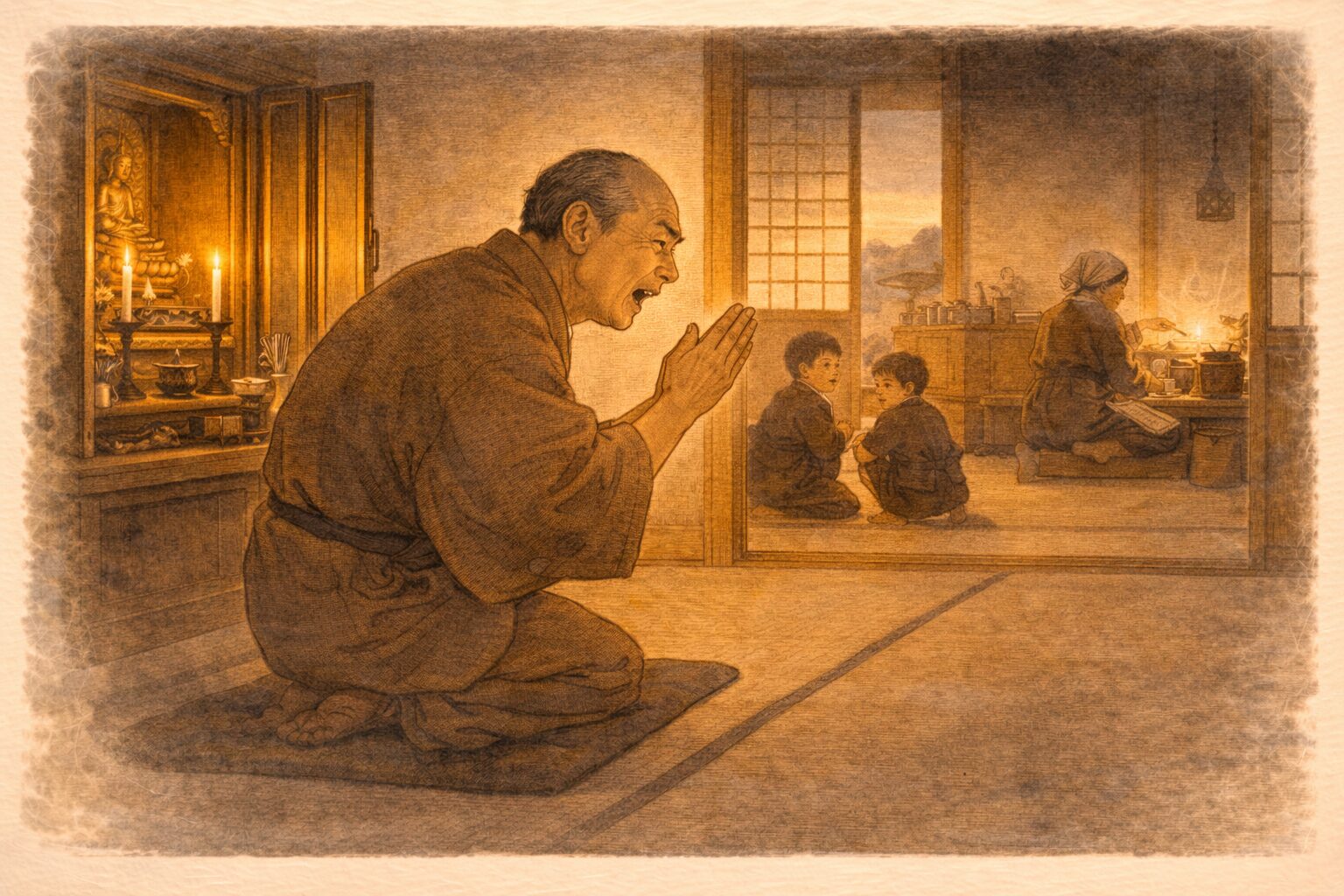 夕方の座敷で主人が念仏の調子のまま子どもや台所へ口を出す一場面