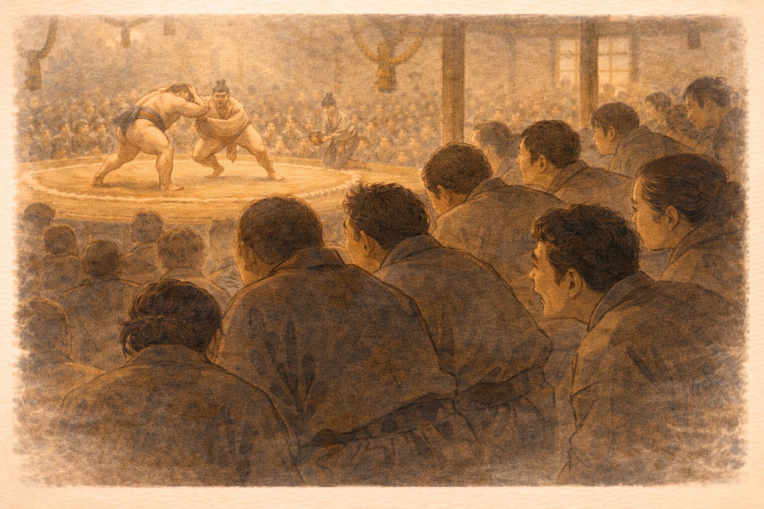 昼の相撲小屋で見物客が前のめりに土俵を見つめる一場面