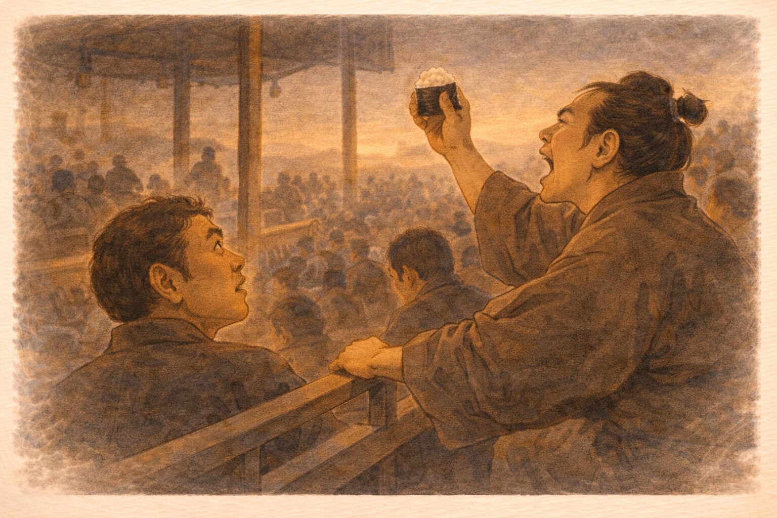 夕方の桟敷で握り飯を手に応援し後ろの客が見上げる一場面