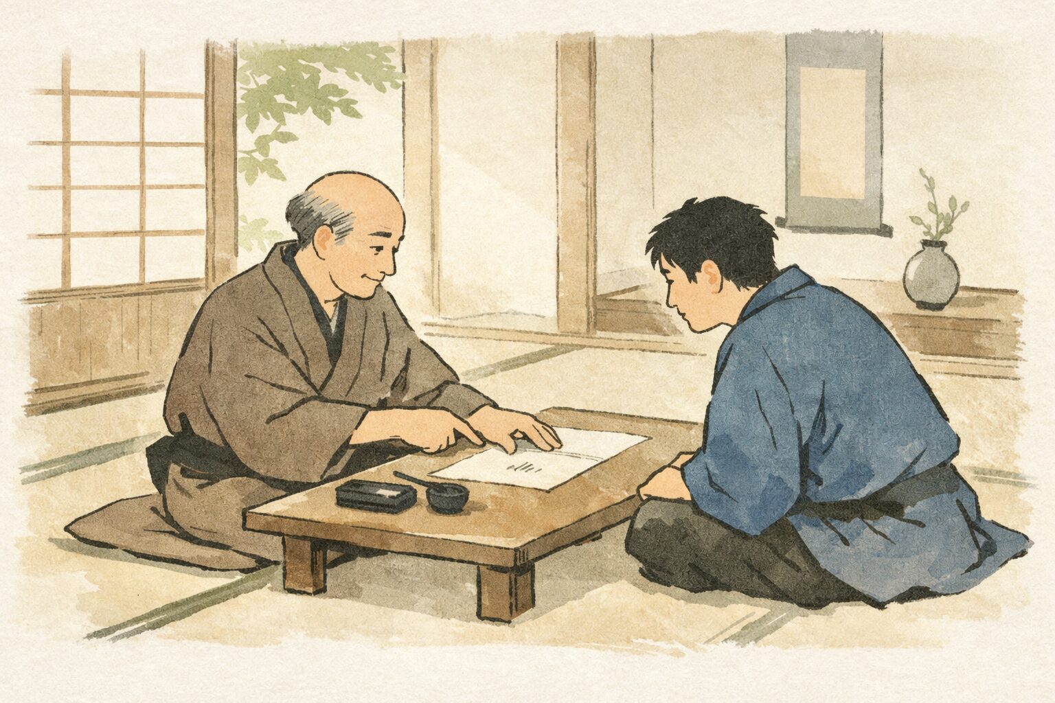 昼の座敷で隠居が手元を示しながら八五郎に句作の手ほどきをする一場面