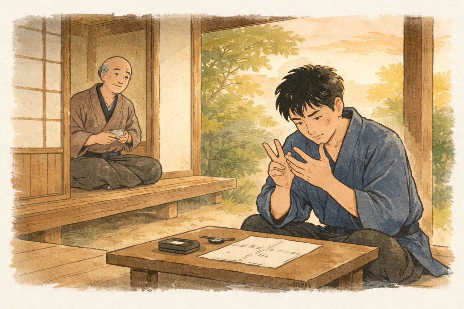 夕方の縁側近くで八五郎が指を折って考え込み隠居が少しあきれ顔で見守る一場面